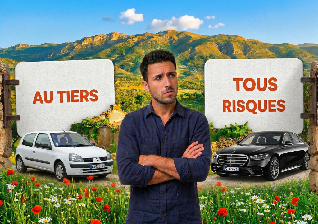 Moniseur au mileu a gauche un panneau au tiers avec en dessous une voiture peu chère et a droite un panneau tous risques et en dessous une voiture plus chere