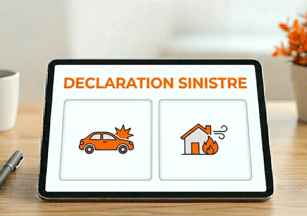 Image d'une tablette avec écrit declaration sinistre en orange et deux boutons un avec une voiture et un avec une maison