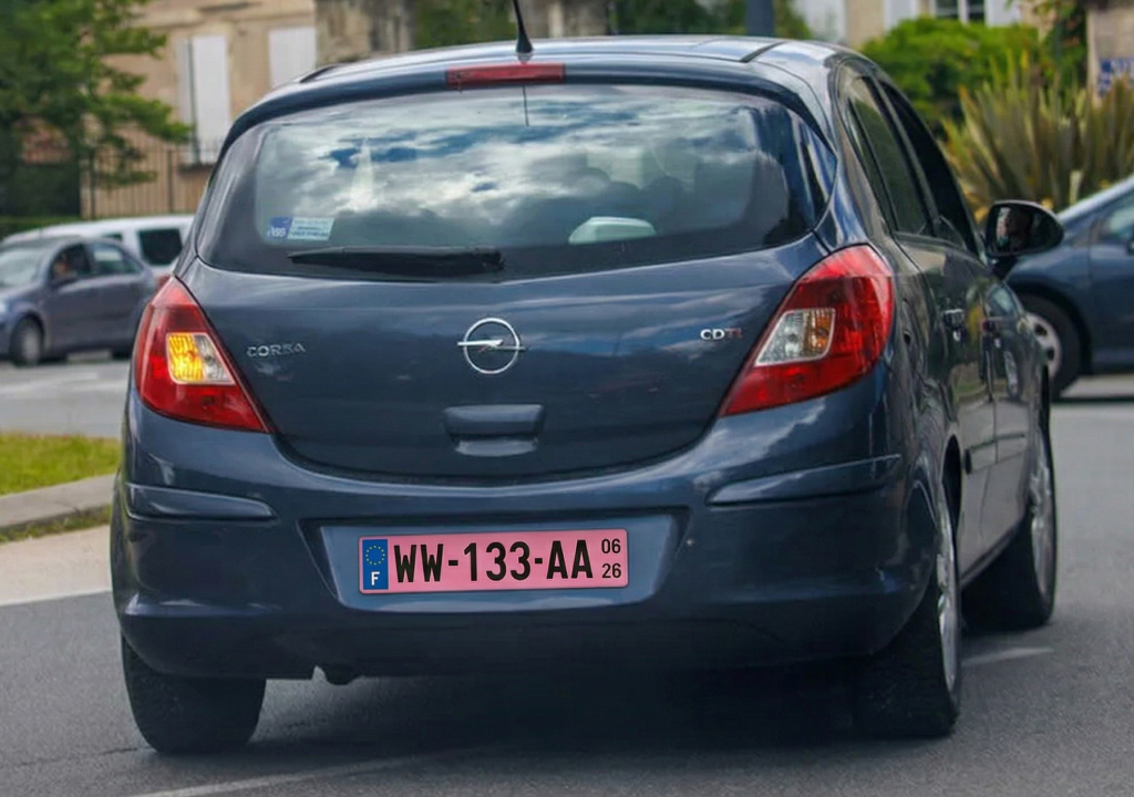 Voiture bleu foncée avec une plaque rose ww-133-AA et la date d'expiration 06/26