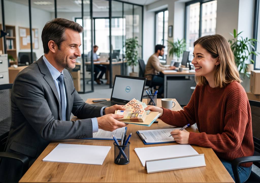 Un monsieur en costume dans un bureau qui donne de l'argent a une jeune dame