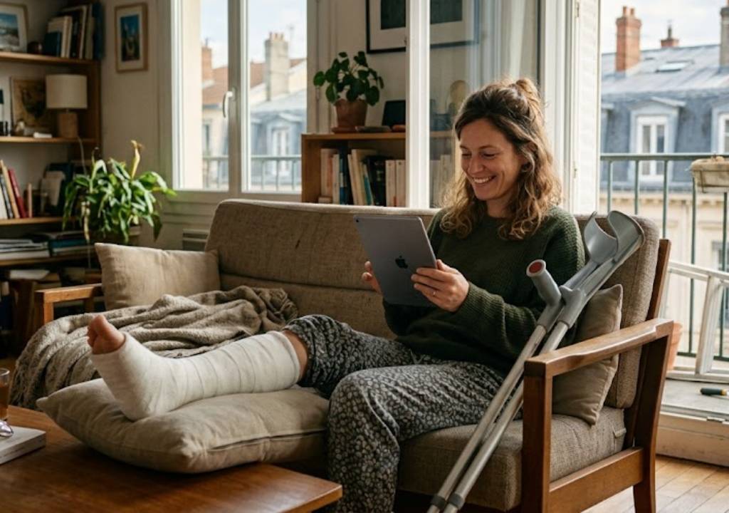 Une femme assise sur son canapé avec un pied plâtré et des béquilles à coté d'elle