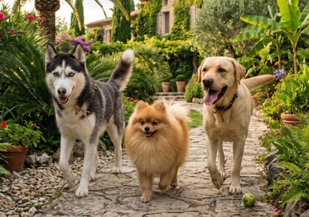 trois chiens qui sont assures et qui jouent ensemble dans un jardin tropical en france