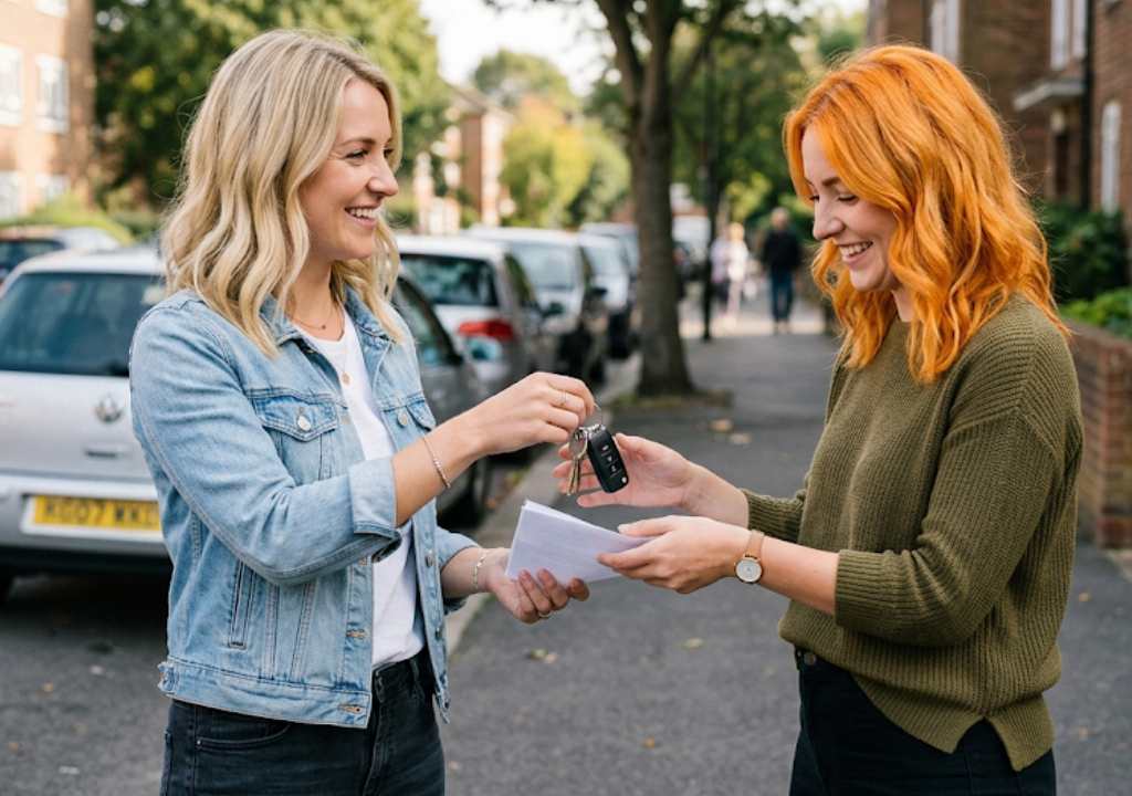 Une femme blonde qui donne les clés à son amie rousse dans un parking.