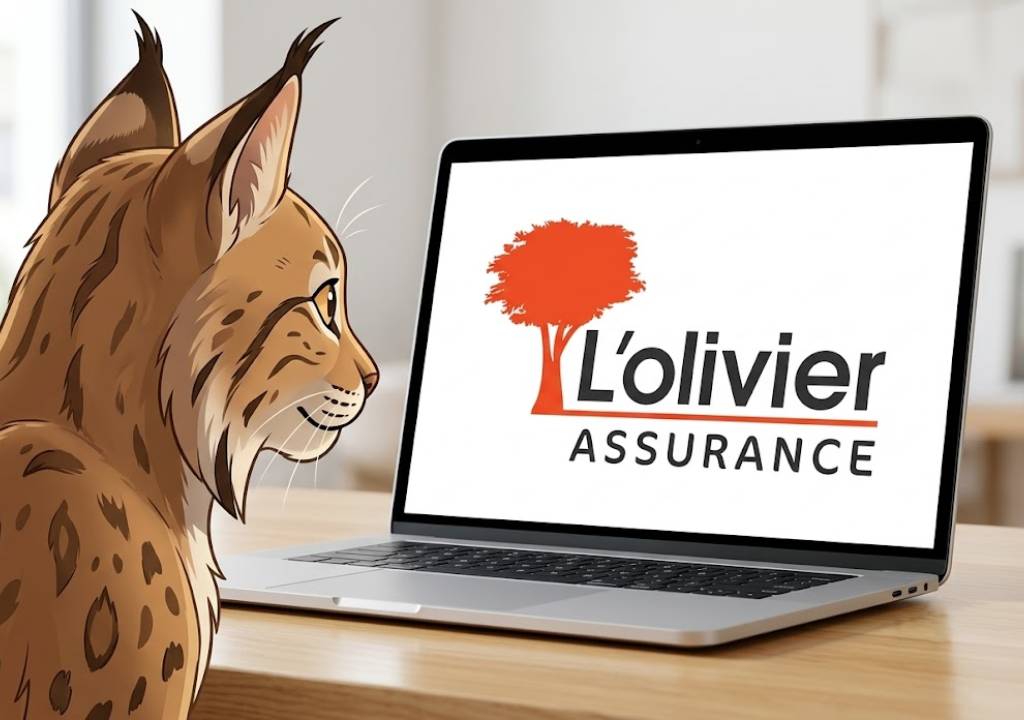 Lynx assis qui regarde un écran avec le logo olivier assurance dessus