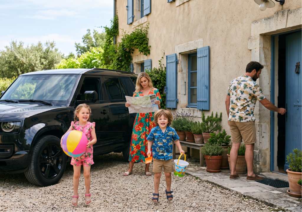 Une famille joyeuse qui s'apprête à partir en vacances