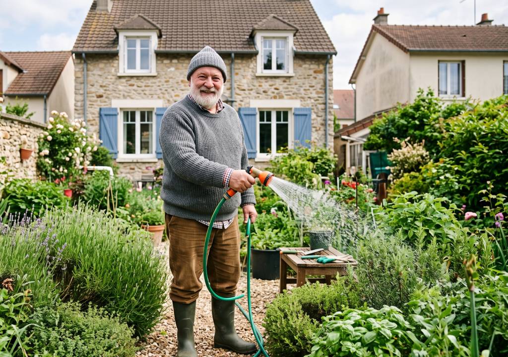 Homme qui arrose ses plantes dans son jardin