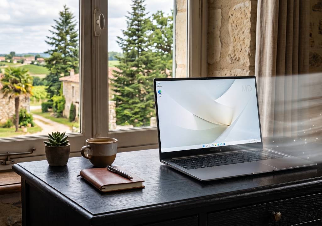 Photo d'un ordinateur type laptop sur un bureau noir